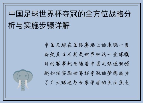 中国足球世界杯夺冠的全方位战略分析与实施步骤详解